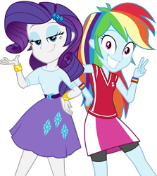 Size: 3575x4000 | Tagged: safe, artist:octosquish7260, derpibooru import, rainbow dash, rarity, human, equestria girls, g4, holidays unwrapped, belt, bracelet, clothes, compression shorts, cutie mark on clothes, dashing through the mall, diamond, duo, duo female, equestria girls specials, female, jersey, jewelry, shirt, simple background, skirt, smiling, t-shirt, teenager, transparent background, wristband