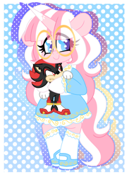 Size: 1462x2000 | Tagged: safe, artist:ladylullabystar, derpibooru import, oc, oc:lady lullaby star, semi-anthro, unicorn, clothes, cute, dress, female, glasses, horn, mary janes, ocbetes, passepartout, patterned background, pink hair, plushie, polka dot background, shadow the hedgehog, shoes, smiling, solo, sonic the hedgehog (series)