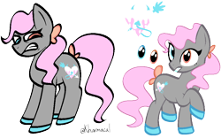 Size: 948x592 | Tagged: safe, artist:kharmacal, derpibooru import, oc, oc only, oc:sweet tart, earth pony, accessory, frown, hairclip, heterochromia, ponytail, reference sheet, self paradox, self ponidox, show accurate, simple background, transparent background