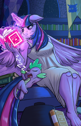 Size: 2062x3186 | Tagged: safe, artist:kaijucon, derpibooru import, spike, twilight sparkle, twilight sparkle (alicorn), alicorn, anthro, dragon, plantigrade anthro, g4, arm behind head, armpits, book, breasts, clothes, dress, duo, duo male and female, ears, female, floppy ears, frown, glowing, glowing horn, headlight sparkle, high res, horn, indoors, library, magic, magic aura, male, mare, reading, sleeping, wingless spike