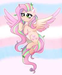 Size: 2320x2797 | Tagged: safe, artist:emera33, derpibooru import, fluttershy, pegasus, pony, g4, alternate design, alternate eye color, alternate mane color, alternate tail color, coat markings, colored eartips, colored pinnae, colored wings, colored wingtips, cute, ear fluff, ears, facial markings, female, green eyes, high res, leaves, leaves in hair, mare, pale belly, pink hooves, pride, pride flag, shyabetes, smiling, solo, spread wings, star (coat marking), trans female, trans fluttershy, transgender, transgender pride flag, twigs in hair, two toned wings, unshorn fetlocks, wings