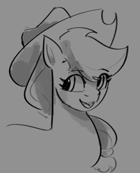 Size: 653x810 | Tagged: safe, artist:poxy_boxy, derpibooru import, applejack, earth pony, pony, g4, bust, eye clipping through hair, female, gray background, grayscale, mare, monochrome, open mouth, open smile, simple background, sketch, smiling, solo