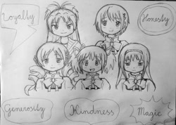 Size: 828x589 | Tagged: safe, artist:majkashinoda626, derpibooru import, human, anime, barely pony related, grayscale, humanized, monochrome, no pony, not pony related, pencil drawing, puella magi madoka magica, traditional art