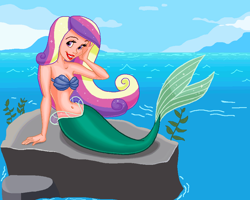 Size: 925x739 | Tagged: safe, artist:ocean lover, derpibooru import, princess cadance, human, mermaid, g4, bare shoulders, beautiful, beautiful eyes, beautiful hair, belly, belly button, boulder, bra, breasts, cleavage, clothes, cloud, crossover, cute, cutedance, disney, disney princess, disney style, eyelashes, female, fins, fish tail, happy, humanized, land, lips, lipstick, long hair, looking at something, mermaid princess, mermaid tail, mermaidized, midriff, ms paint, multicolored hair, ocean, outdoors, pose, pretty, princess ariel, purple eyes, red lipstick, seashell, seashell bra, sitting, sky, smiling, solo, sparkles, sparkly hair, species swap, tail, tail fin, the little mermaid, underwear, water, wave, woman