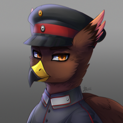 Size: 1300x1300 | Tagged: safe, artist:serodart, derpibooru import, oc, bird, griffon, equestria at war mod, bust, clothes, commission, gradient background, griffon oc, looking at you, military, military uniform, portrait, solo, uniform