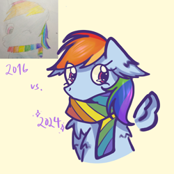 Size: 2048x2048 | Tagged: safe, artist:sumi-mlp25, derpibooru import, rainbow dash, pegasus, pony, g4, 2016, clothes, digital art, looking at you, redraw, scarf, simple background, solo, traditional art