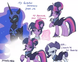 Size: 2048x1638 | Tagged: safe, artist:petaltwinkle, derpibooru import, nightmare moon, rarity, twilight sparkle, unicorn twilight, alicorn, pony, unicorn, g4, ..., alternate cutie mark, alternate hairstyle, alternate timeline, female, magic, mare, night maid rarity, nightmare takeover timeline, paper, rarity is not amused, secretary, telekinesis, unamused