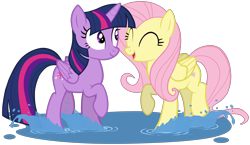 Size: 3903x2256 | Tagged: safe, artist:zslnews, derpibooru import, fluttershy, twilight sparkle, twilight sparkle (alicorn), alicorn, pegasus, pony, g4, ^^, cute, duo, duo female, eyes closed, female, looking at each other, looking at someone, mare, open mouth, puddle, shyabetes, simple background, splash, splashing, transparent background, twiabetes, vector