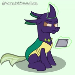 Size: 4096x4096 | Tagged: safe, artist:alejandrogmj, artist:wasisi, derpibooru import, oc, oc:wasisi, changedling, changeling, changedling oc, changeling oc, doodle, glowing, glowing horn, green background, horn, simple background, tablet