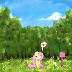 Size: 3000x3000 | Tagged: safe, artist:widelake, derpibooru import, angel bunny, fluttershy, pegasus, pony, g4, duo, female, letter, love letter, mailbox, outdoors