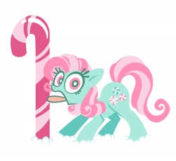 Size: 2048x1866 | Tagged: safe, artist:kyrakupetsky, derpibooru import, minty, earth pony, pony, g3, 8 foot candy cane, candy, candy cane, female, food, looking at you, mare, oh minty minty minty, open mouth, simple background, solo, tongue, tongue out, tongue stuck, tongue stuck to pole, white background