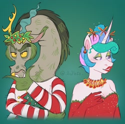 Size: 1974x1950 | Tagged: safe, artist:_oodlezz_, derpibooru import, discord, princess celestia, anthro, g4, christmas, christmas tree, clothes, dislestia, dress, duo, duo male and female, ear piercing, earring, eyeshadow, female, golden eyes, green background, green hair, hand on chin, hearth's warming, holiday, how the grinch stole christmas, jewelry, jim carrey, lip gloss, lipstick, makeup, male, martha may whovier, necklace, piercing, purple eyes, red dress, red lipstick, shipping, simple background, snaggletooth, straight, sweater, the grinch, tree, watermark