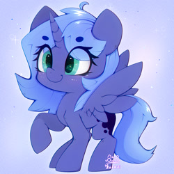 Size: 3000x3000 | Tagged: safe, artist:zokkili, derpibooru import, princess luna, alicorn, pony, g4, beanbrows, eye clipping through hair, eyebrows, eyebrows visible through hair, female, filly, foal, high res, horn, raised hoof, raised leg, smiling, solo, spread wings, wings, woona, younger