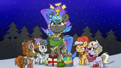 Size: 1920x1080 | Tagged: safe, artist:la hum, derpibooru import, button mash, dinky hooves, rumble, scootaloo, oc, oc:lovely tune, earth pony, pegasus, pony, unicorn, g4, being a christmas tree, blank flank, christmas, christmas lights, christmas sweater, clothes, colt, foal, hat, height difference, heterochromia, holiday, horn, male, outdoors, santa hat, size difference, snow, sweater, unicorn oc