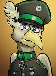 Size: 624x840 | Tagged: safe, artist:notoriousnostalgia, derpibooru import, oc, oc only, oc:august goldplume, griffon, equestria at war mod, beak, blue eyes, bust, cap, clothes, digital art, folded wings, general, generals and field marshals from strawberry duchy, german, gradient background, griffon oc, hat, iron cross, looking at you, male, medal, medals, military, military uniform, new characters for equestria at war, new characters for equestria at war mod, peaked cap, portrait, simple background, smiling, smiling at you, solo, uniform, wings