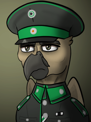 Size: 624x840 | Tagged: safe, artist:notoriousnostalgia, derpibooru import, oc, oc only, oc:fritz bronzetail, griffon, equestria at war mod, beak, bust, cap, clothes, digital art, facial hair, folded wings, general, generals and field marshals from strawberry duchy, german, gradient background, griffon oc, hat, male, military, military uniform, moustache, new characters for equestria at war, new characters for equestria at war mod, peaked cap, portrait, serious, serious face, simple background, solo, uniform, wings