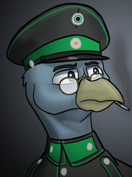 Size: 624x840 | Tagged: safe, artist:notoriousnostalgia, derpibooru import, oc, oc only, oc:fritz helltalon, griffon, equestria at war mod, beak, bust, cap, cigarette, clothes, digital art, general, generals and field marshals from strawberry duchy, german, glasses, gradient background, griffon oc, hat, male, military, military uniform, new characters for equestria at war, new characters for equestria at war mod, peaked cap, portrait, serious, serious face, simple background, smoking, solo, uniform