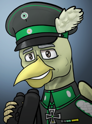 Size: 624x840 | Tagged: safe, artist:notoriousnostalgia, derpibooru import, oc, oc only, oc:felix hardbeak, griffon, equestria at war mod, beak, binoculars, bust, cap, clothes, digital art, folded wings, general, generals and field marshals from strawberry duchy, german, gradient background, griffon oc, hat, iron cross, looking at you, male, medal, military, military uniform, new characters for equestria at war, new characters for equestria at war mod, peaked cap, portrait, simple background, smiling, smiling at you, solo, uniform, wings