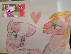 Size: 4096x3072 | Tagged: safe, artist:victoric1993, derpibooru import, big macintosh, cheerilee, earth pony, pony, g4, hearts and hooves day (episode), cheerimac, female, heart, male, my little pony: friendship is magic, scene interpretation, shipping, smiling, straight, traditional art