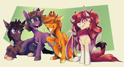 Size: 2000x1087 | Tagged: safe, artist:hallowraith, derpibooru import, oc, oc only, oc:brandy swirl, oc:carmine garnet, oc:peeled prune, oc:royal anne, bat pony, earth pony, pegasus, unicorn, bat pony oc, clothes, earth pony oc, group, horn, lazy eye, pegasus oc, ponysona, scarf, unicorn oc