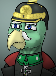 Size: 624x840 | Tagged: safe, artist:notoriousnostalgia, derpibooru import, oc, oc only, oc:karl mistfeather, griffon, equestria at war mod, beak, blue eyes, bust, clothes, digital art, facial hair, field marshal, generals and field marshals from strawberry duchy, german, gradient background, griffon oc, helmet, iron cross, male, medal, military, military uniform, moustache, new characters for equestria at war, new characters for equestria at war mod, old man, older, portrait, serious, serious face, simple background, solo, stalhelm, uniform