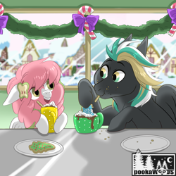 Size: 2048x2048 | Tagged: safe, artist:pookawoods-art, derpibooru import, oc, oc only, oc:blossom, oc:sunspot, pegasus, pony, female, indoors, male, mare