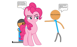 Size: 2586x1585 | Tagged: safe, artist:tawowilliamdefender, artist:williamtheofficial, derpibooru import, pinkie pie, oc, oc:william, earth pony, human, pony, g4, angry, defending, dialogue, female, impostor, male, mare, scared, simple background, transparent background, trio