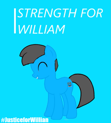 Size: 857x954 | Tagged: safe, artist:tawowilliamdefender, artist:williamtheofficial, derpibooru import, oc, oc only, oc:william, earth pony, pony, blue background, eyes closed, justice, male, poster, protest, simple background, solo, stallion, stallion oc