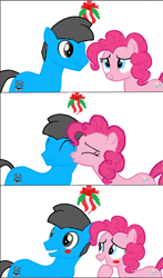 Size: 2827x4804 | Tagged: safe, artist:williamtheofficial, derpibooru import, pinkie pie, oc, oc:william, earth pony, pony, g4, blushing, canon x oc, eyes closed, female, kiss on the cheek, kissing, male, mare, mistleholly, simple background, stallion, stallion oc, white background