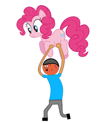 Size: 1416x1638 | Tagged: safe, artist:williamtheofficial, derpibooru import, pinkie pie, oc, oc:william, earth pony, human, pony, g4, duo, duo male and female, female, heavy, lifting, male, mare, simple background, struggling, sweat, transparent background, weight lifting, weights