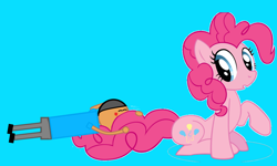 Size: 7842x4702 | Tagged: safe, artist:williamtheofficial, derpibooru import, pinkie pie, oc, oc:william, earth pony, human, pony, g4, blue background, female, lying down, male, mare, simple background, sitting, sleeping, tail