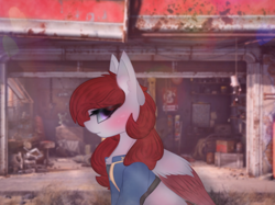 Size: 2664x1997 | Tagged: safe, artist:sodapop sprays, derpibooru import, oc, oc only, oc:skyfire lumia, pegasus, pony, fallout equestria, bust, clothes, fallout, female, garage, jumpsuit, looking at you, mare, portrait, solo, vault suit