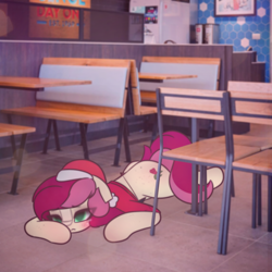 Size: 2664x2664 | Tagged: safe, alternate version, artist:sodapop sprays, derpibooru import, roseluck, earth pony, pony, series:roseluck can't catch a break, g4, clothes, exhausted, eye clipping through hair, indoors, lying down, meme, tired, wendy's