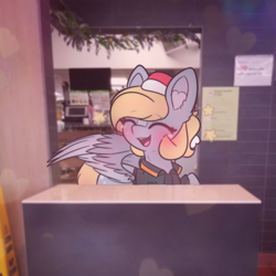 Size: 2664x2664 | Tagged: safe, artist:sodapop sprays, derpibooru import, part of a set, derpy hooves, pegasus, pony, series:derpy can't catch a break, g4, christmas, clothes, happy, holiday, indoors, mcdonald's