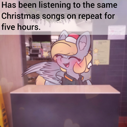 Size: 2664x2664 | Tagged: safe, artist:sodapop sprays, derpibooru import, part of a set, derpy hooves, pegasus, pony, series:derpy can't catch a break, g4, caption, christmas, clothes, holiday, indoors, mcdonald's, meme, singing, text