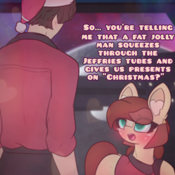 Size: 2664x2664 | Tagged: safe, artist:sodapop sprays, derpibooru import, oc, oc:horsely, oc:naomi horsely, earth pony, human, pony, blushing, christmas, clothes, confused, female, hat, holiday, human male, looking at each other, looking at someone, male, mare, meme, redshirt, santa hat, star trek, star trek (tos), talking, text