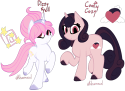 Size: 978x712 | Tagged: safe, artist:kharmacal, derpibooru import, oc, oc only, oc:comfy cozy, oc:dizzy spell, unicorn, anatomically incorrect, bipedal, colored hooves, duo, duo female, female, hair bun, hairband, headband, hooves, horn, incorrect leg anatomy, no catchlights, pink eyes, raised hoof, raised leg, reference sheet, simple background, standing, transparent background, two toned mane, unshorn fetlocks