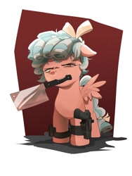 Size: 1500x2000 | Tagged: safe, artist:vanillaghosties, derpibooru import, cozy glow, pegasus, g4, butcher knife, female, filly, foal, gun, handgun, holster, knife, looking at you, mouth hold, narrowed eyes, weapon