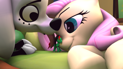 Size: 1920x1080 | Tagged: safe, artist:jeroen01, derpibooru import, fluttershy, oc, oc:skyrim, pony, g4, 101 dalmatian street, 101 dalmatians, 3d, dolly dalmatian (101 dalmatian street), female, licking, macro, macro/micro, male, micro, size difference, tiny, tiny ponies, tongue, tongue out