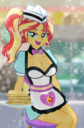 Size: 4944x7548 | Tagged: safe, artist:emeraldblast63, derpibooru import, sunset shimmer, human, equestria girls, g4, bowtie, breasts, cleavage, clothes, food, looking at you, open mouth, open smile, pancakes, sexy, sitting, smiling, smiling at you, sparkles, stupid sexy sunset shimmer, sunset jiggler, waitress