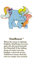 Size: 550x1000 | Tagged: safe, derpibooru import, starflower, pony, unicorn, g1, adoraflower, bow, closed mouth, cute, female, g1 backstory, horn, mare, my little pony fact file, official, rainbow ponies, smiling, solo, tail, tail bow, text