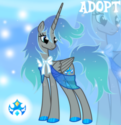 Size: 1280x1321 | Tagged: safe, artist:vi45, derpibooru import, oc, oc only, alicorn, pony, adoptable, alicorn oc, base used, blue eyes, blue hooves, colored hooves, concave belly, ethereal mane, eyelashes, female, female oc, folded wings, freckles, gradient background, gradient mane, gradient tail, gray coat, head turn, hooves, horn, leg freckles, long horn, mare, mare oc, neck bow, sash, shiny hooves, silk, slender, smiling, solo, sparkles, sparkly mane, sparkly tail, starry mane, starry tail, tail, thin, three quarter view, unicorn horn, white bow, wings, zoom layer