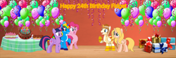 Size: 1500x500 | Tagged: safe, artist:lizzmcclin, derpibooru import, pinkie pie, twilight sparkle, twilight sparkle (alicorn), oc, oc:allie, oc:fidget, oc:shield wing, alicorn, earth pony, pony, g4, alicorn oc, balloon, bipedal, birthday, birthday cake, birthday gift, cake, cupcake, female, food, hat, horn, male, party hat, wings