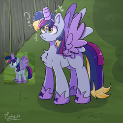 Size: 2000x2000 | Tagged: safe, artist:eni_paint, derpibooru import, derpy hooves, twilight sparkle, pegasus, pony, g4, scare master, alicorn costume, clothes, cosplay, costume, cute, emanata, fake horn, fake wings, fanart, my little pony: friendship is magic, nightmare night costume, question mark, screencap reference, toilet paper roll horn, twilight muffins, twilight sparkle costume, wig