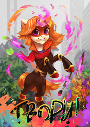 Size: 3507x4960 | Tagged: safe, artist:share dast, derpibooru import, oc, oc only, oc:lily brush, pony, unicorn, bipedal, brush, clothes, cyrillic, female, female oc, glowing, glowing horn, horn, levitation, looking at you, magic, mare, mare oc, mask, paint, rubronycon, russian, smiling, solo, telekinesis, translated in the description, unicorn oc