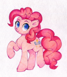 Size: 1120x1280 | Tagged: safe, artist:lispp, derpibooru import, pinkie pie, earth pony, pony, g4, bipedal, colored pupils, cute, diapinkes, ear fluff, ears, female, leg fluff, looking at you, mare, raised hoof, raised leg, simple background, smiling, smiling at you, solo, traditional art