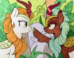 Size: 3844x3020 | Tagged: safe, artist:lispp, derpibooru import, autumn blaze, cinder glow, summer flare, kirin, g4, sounds of silence, boop, cinderblaze, duo, duo female, female, horn, lesbian, my little pony: friendship is magic, raised hoof, raised leg, shipping, smiling