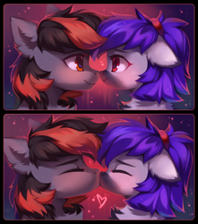 Size: 2480x2800 | Tagged: safe, artist:lispp, derpibooru import, oc, oc only, pony, 2 panel comic, abstract background, comic, cute, duo, duo male and female, ear fluff, ears, eye contact, eyes closed, female, floppy ears, heart, kiss on the lips, kissing, looking at each other, looking at someone, male, mare, oc x oc, red eyes, shipping, smiling, smiling at each other, stallion, straight