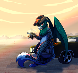 Size: 1600x1500 | Tagged: safe, artist:celes-969, derpibooru import, oc, oc only, griffon, car, chevrolet, chevrolet chevelle, cool, griffon oc, gun, muscle car, outdoors, solo, weapon