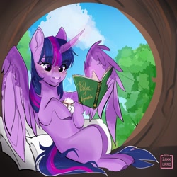 Size: 2048x2048 | Tagged: safe, artist:zakkurro, derpibooru import, twilight sparkle, twilight sparkle (alicorn), alicorn, pony, g4, book, chocolate, coffee, cute, female, food, glowing, glowing horn, high res, hoof hold, hooves to the chest, horn, hot chocolate, mare, missing cutie mark, mug, pillow, reading, scenery, signature, sitting, solo, spread wings, tree, twiabetes, whipped cream, window, wing hold, wings